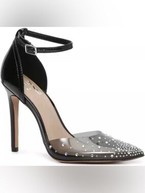 ◼️ Mix No. 6 Black Arlette Ankle-Strap Heel Pump with Studded Clear Pointed Toe